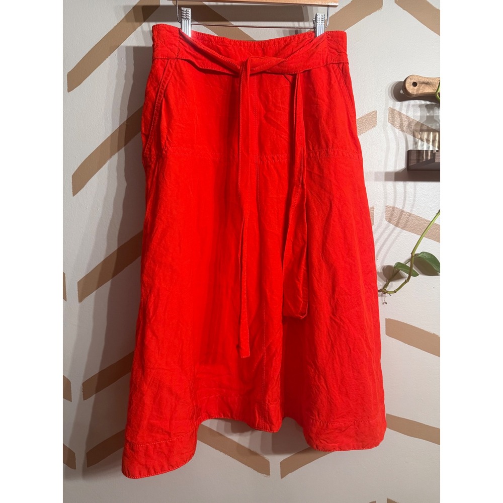 Ann Taylor Midi Skirt Womens 4 Petite Red Linen Blend Belted A-Line Pockets